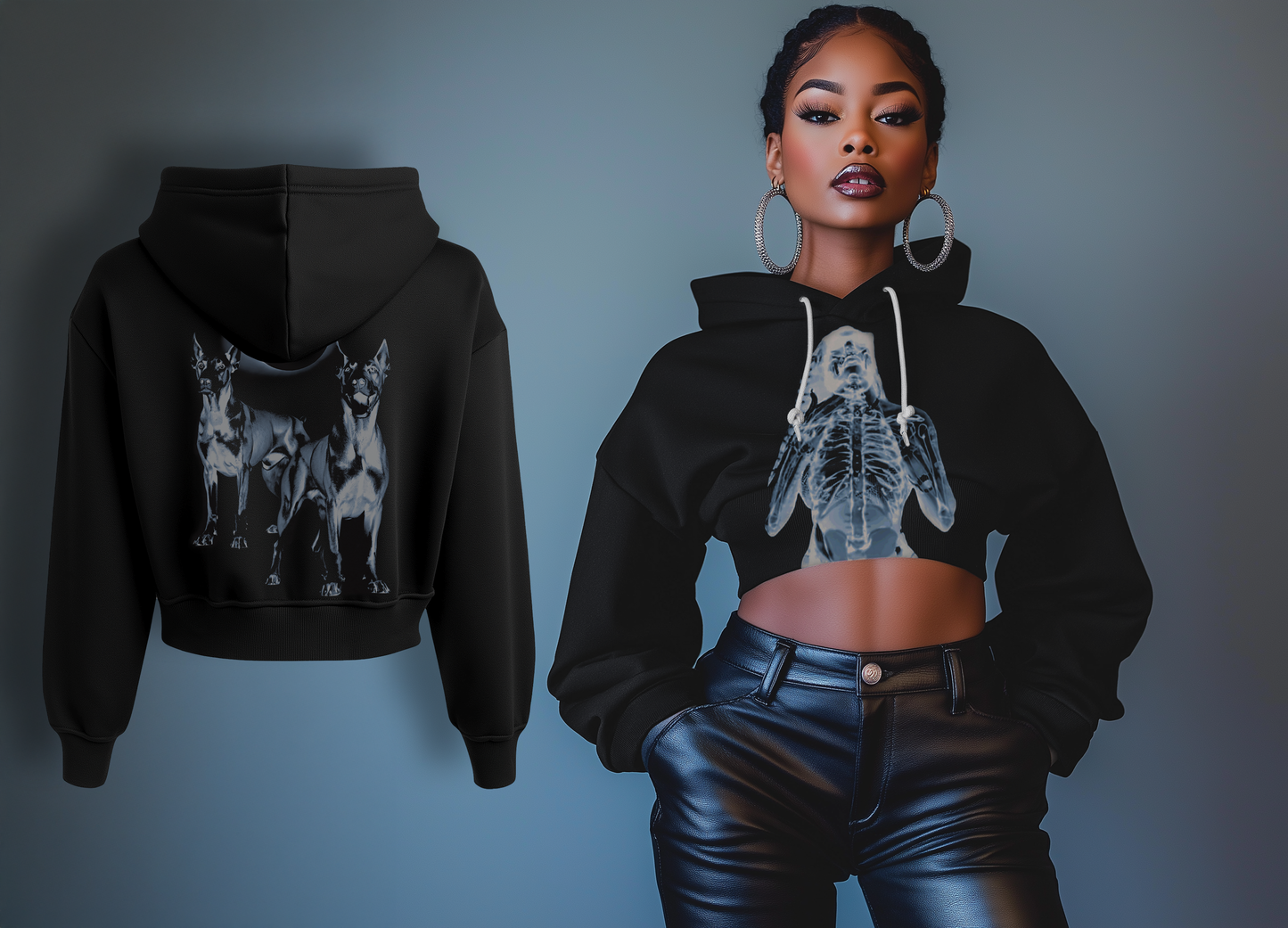 The EmpowerHER X-Ray Cropped Hoodie embodies bold confidence and unapologetic strength. Its X-ray design highlights transparency and inner power, symbolizing resilience and authenticity. As a blend of edgy style and demure.