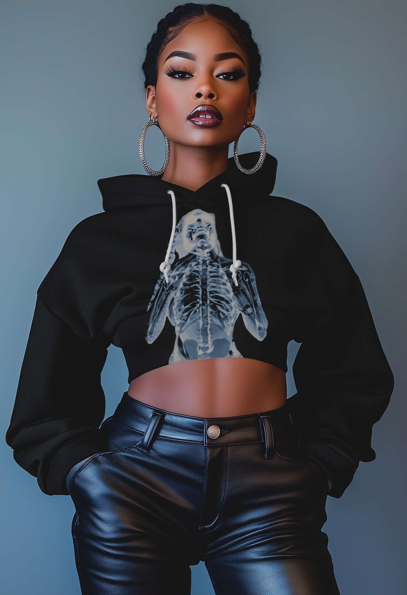 The EmpowerHER X-Ray Cropped Hoodie embodies bold confidence and unapologetic strength. Its X-ray design highlights transparency and inner power, symbolizing resilience and authenticity. As a blend of edgy style and demure.